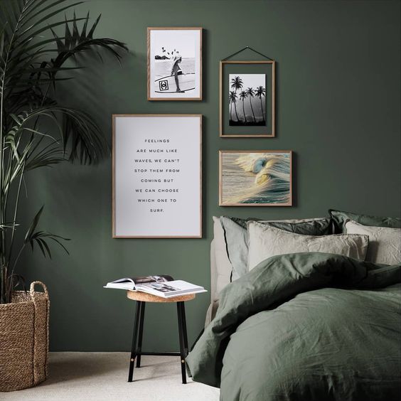 green accent wall and gallery wall